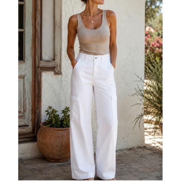 American Eagle Outfitters Denim - American Eagle Super High Rise Baggy Wide Leg Cargo Jeans Womens Sz 12 White Y2K